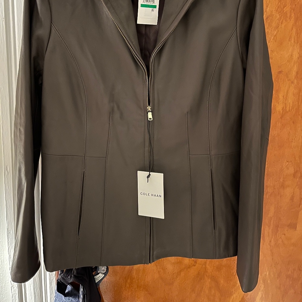 Cole Haan Lambskin Leather Jacket in Grey Size Large NEW WITH TAGS
